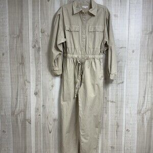 Good American Cinched Waist Jumpsuit Womens Sz 2 Med Collared Utilitarian Tan